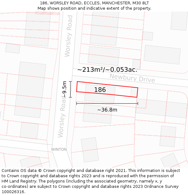 186, WORSLEY ROAD, ECCLES, MANCHESTER, M30 8LT: Plot and title map
