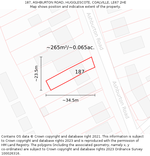 187, ASHBURTON ROAD, HUGGLESCOTE, COALVILLE, LE67 2HE: Plot and title map