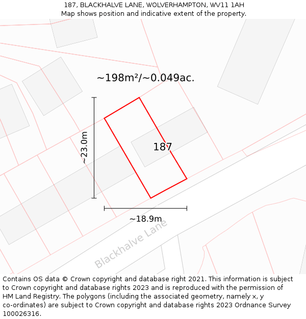 187, BLACKHALVE LANE, WOLVERHAMPTON, WV11 1AH: Plot and title map