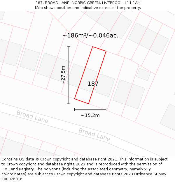 187, BROAD LANE, NORRIS GREEN, LIVERPOOL, L11 1AH: Plot and title map
