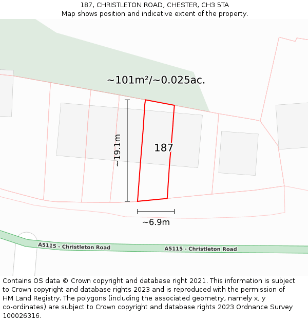 187, CHRISTLETON ROAD, CHESTER, CH3 5TA: Plot and title map