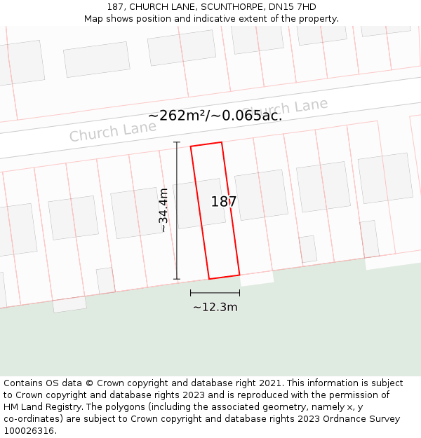 187, CHURCH LANE, SCUNTHORPE, DN15 7HD: Plot and title map