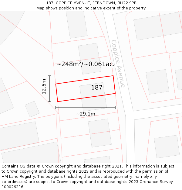 187, COPPICE AVENUE, FERNDOWN, BH22 9PR: Plot and title map