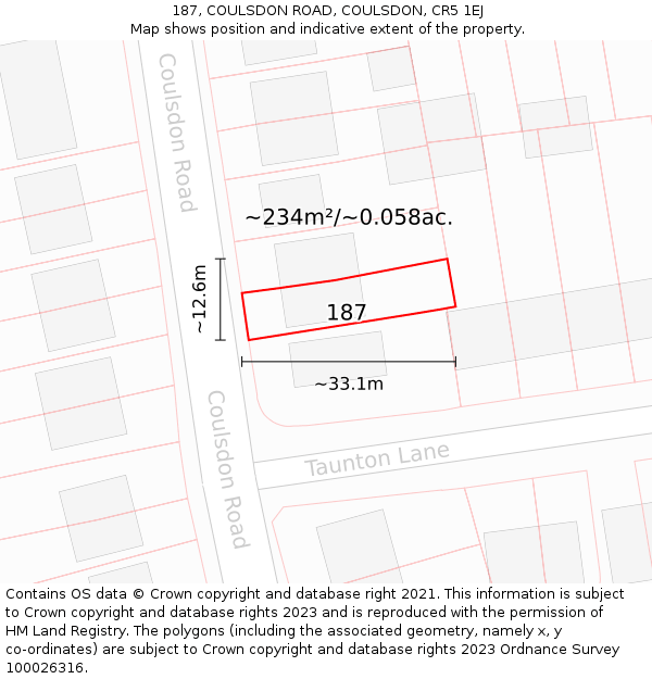 187, COULSDON ROAD, COULSDON, CR5 1EJ: Plot and title map