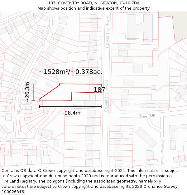 187, COVENTRY ROAD, NUNEATON, CV10 7BA: Plot and title map