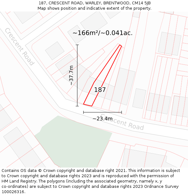 187, CRESCENT ROAD, WARLEY, BRENTWOOD, CM14 5JB: Plot and title map
