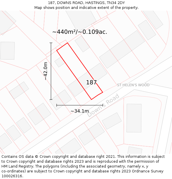 187, DOWNS ROAD, HASTINGS, TN34 2DY: Plot and title map