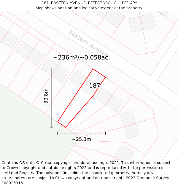 187, EASTERN AVENUE, PETERBOROUGH, PE1 4PY: Plot and title map