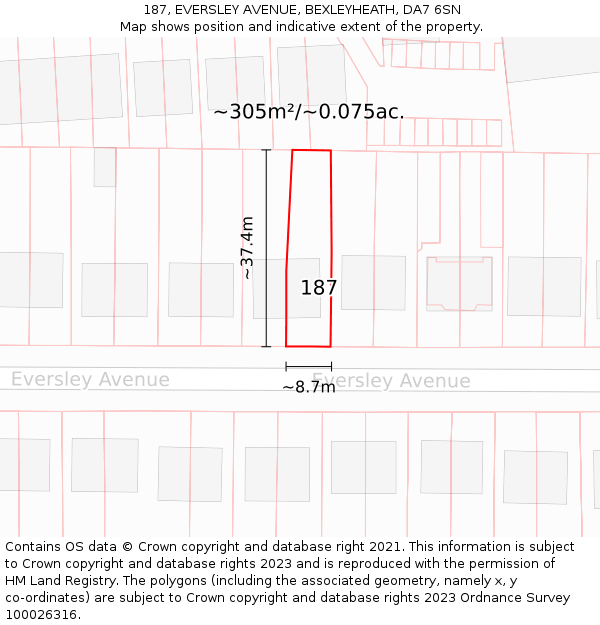 187, EVERSLEY AVENUE, BEXLEYHEATH, DA7 6SN: Plot and title map