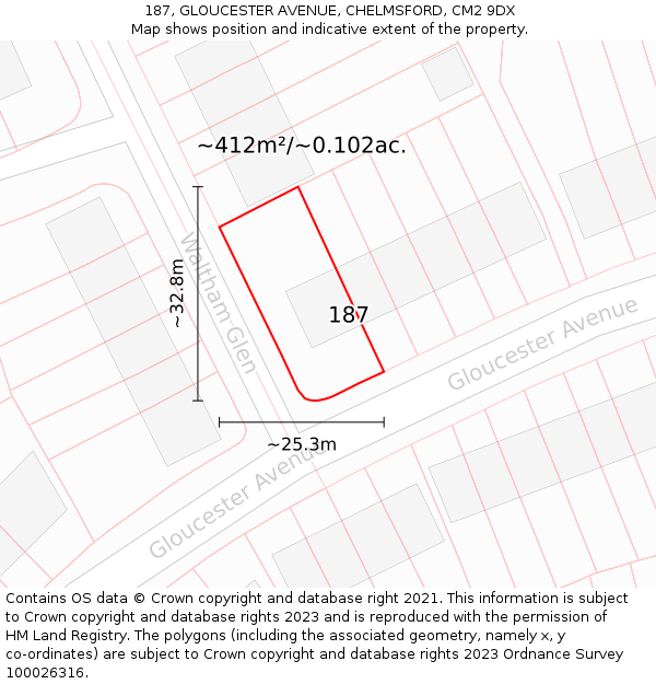 187, GLOUCESTER AVENUE, CHELMSFORD, CM2 9DX: Plot and title map