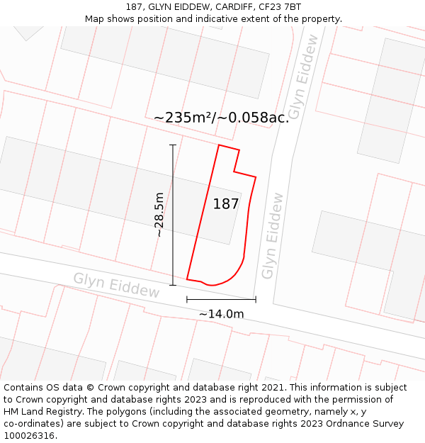 187, GLYN EIDDEW, CARDIFF, CF23 7BT: Plot and title map