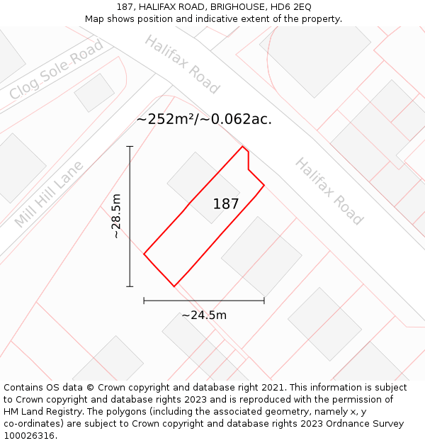 187, HALIFAX ROAD, BRIGHOUSE, HD6 2EQ: Plot and title map