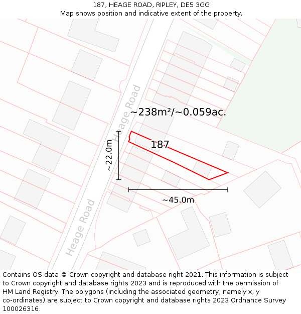 187, HEAGE ROAD, RIPLEY, DE5 3GG: Plot and title map