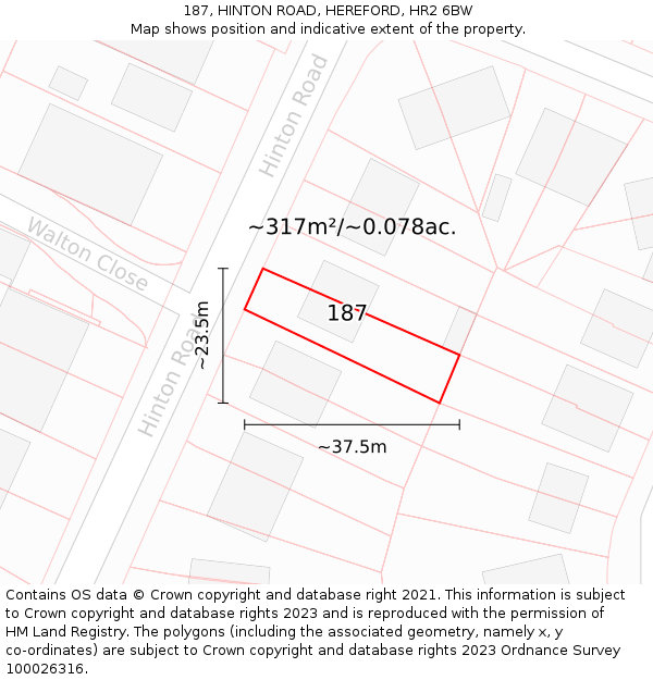 187, HINTON ROAD, HEREFORD, HR2 6BW: Plot and title map