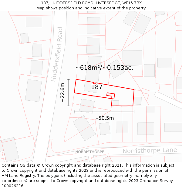 187, HUDDERSFIELD ROAD, LIVERSEDGE, WF15 7BX: Plot and title map