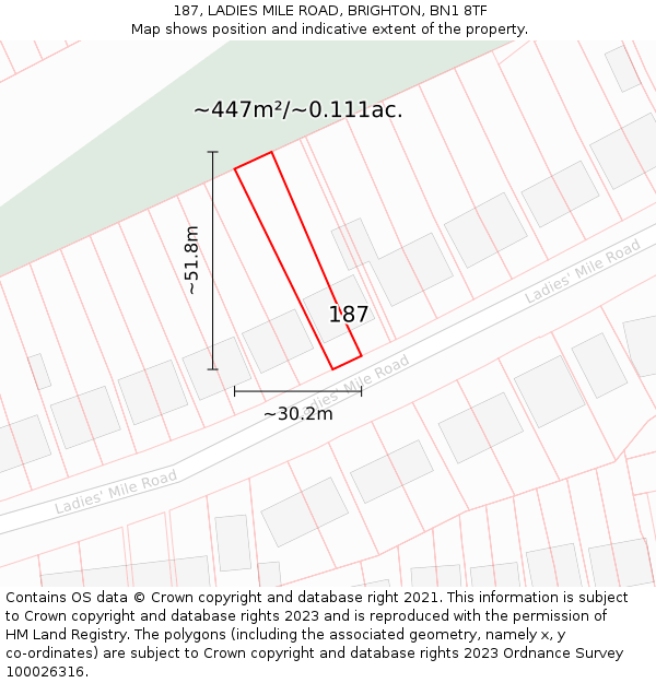 187, LADIES MILE ROAD, BRIGHTON, BN1 8TF: Plot and title map