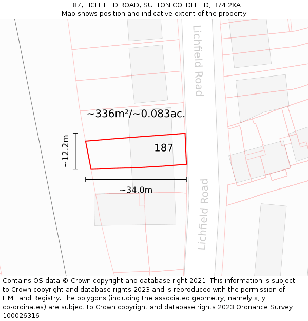 187, LICHFIELD ROAD, SUTTON COLDFIELD, B74 2XA: Plot and title map