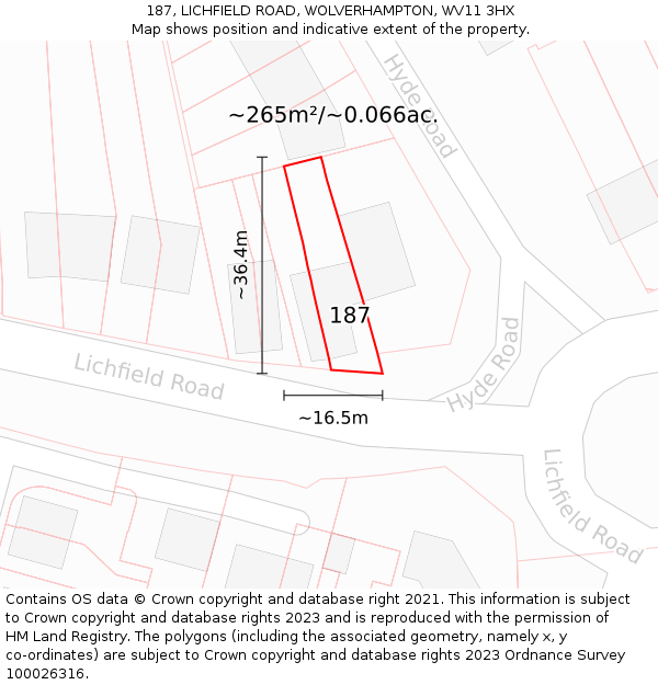 187, LICHFIELD ROAD, WOLVERHAMPTON, WV11 3HX: Plot and title map