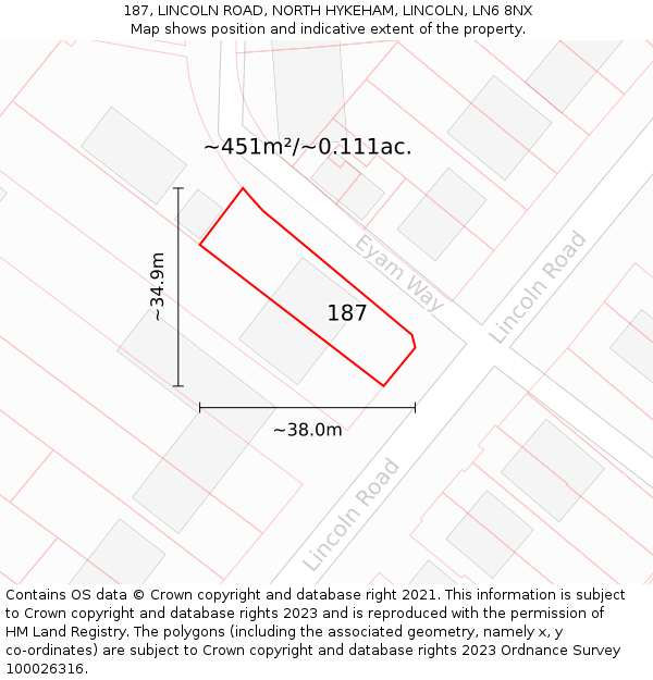 187, LINCOLN ROAD, NORTH HYKEHAM, LINCOLN, LN6 8NX: Plot and title map