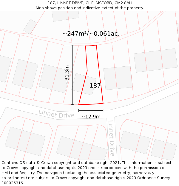 187, LINNET DRIVE, CHELMSFORD, CM2 8AH: Plot and title map