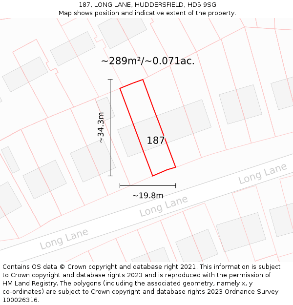 187, LONG LANE, HUDDERSFIELD, HD5 9SG: Plot and title map