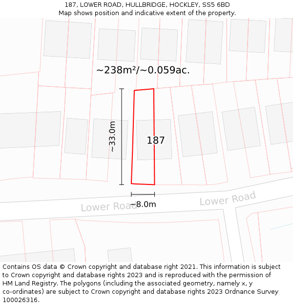 187, LOWER ROAD, HULLBRIDGE, HOCKLEY, SS5 6BD: Plot and title map