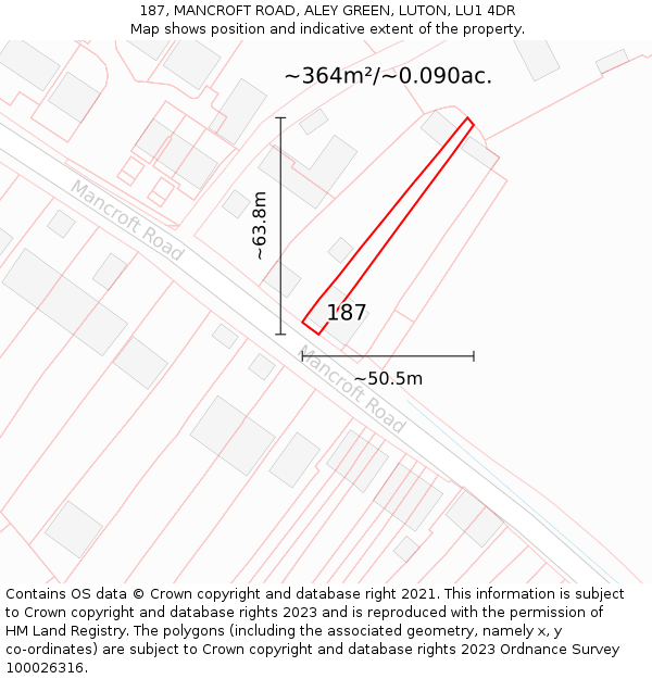 187, MANCROFT ROAD, ALEY GREEN, LUTON, LU1 4DR: Plot and title map