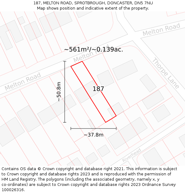 187, MELTON ROAD, SPROTBROUGH, DONCASTER, DN5 7NU: Plot and title map