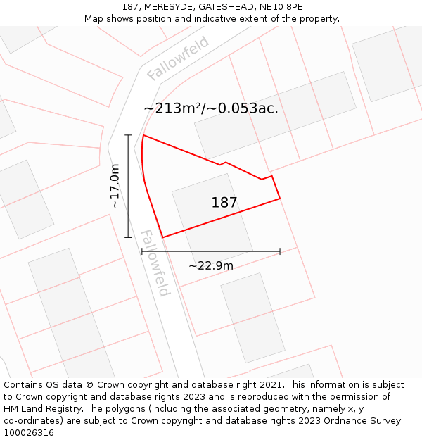 187, MERESYDE, GATESHEAD, NE10 8PE: Plot and title map