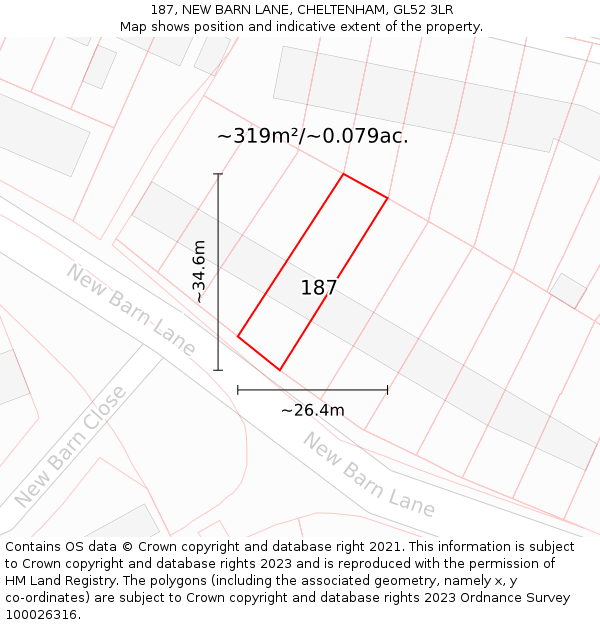 187, NEW BARN LANE, CHELTENHAM, GL52 3LR: Plot and title map