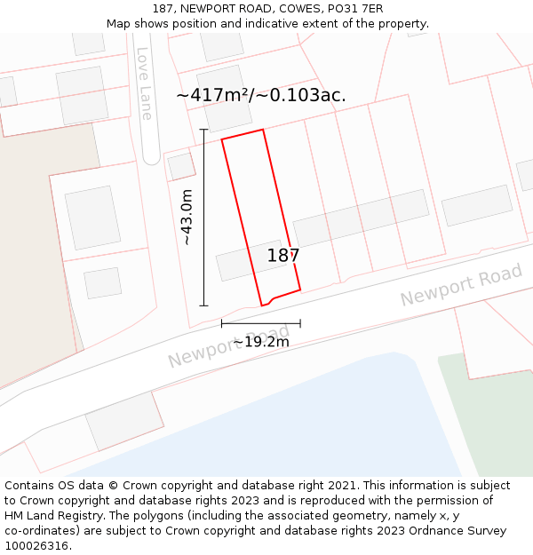 187, NEWPORT ROAD, COWES, PO31 7ER: Plot and title map