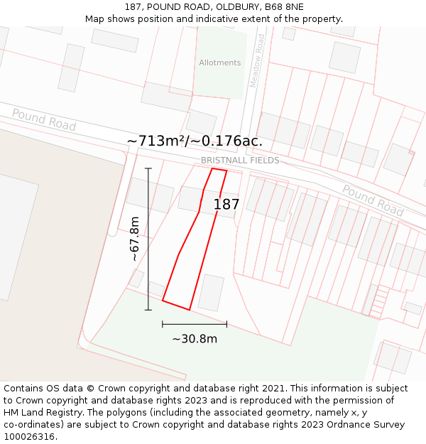 187, POUND ROAD, OLDBURY, B68 8NE: Plot and title map