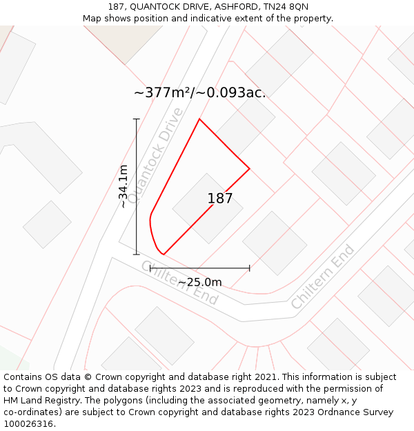 187, QUANTOCK DRIVE, ASHFORD, TN24 8QN: Plot and title map