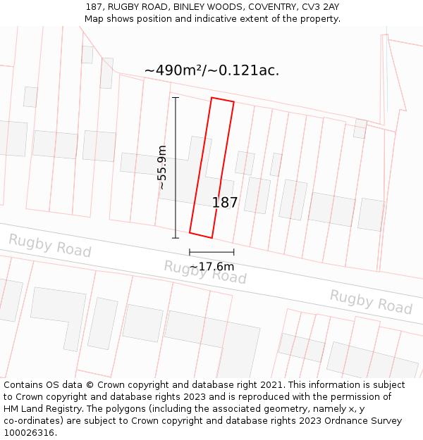 187, RUGBY ROAD, BINLEY WOODS, COVENTRY, CV3 2AY: Plot and title map