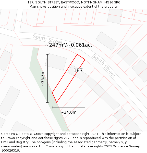 187, SOUTH STREET, EASTWOOD, NOTTINGHAM, NG16 3PG: Plot and title map