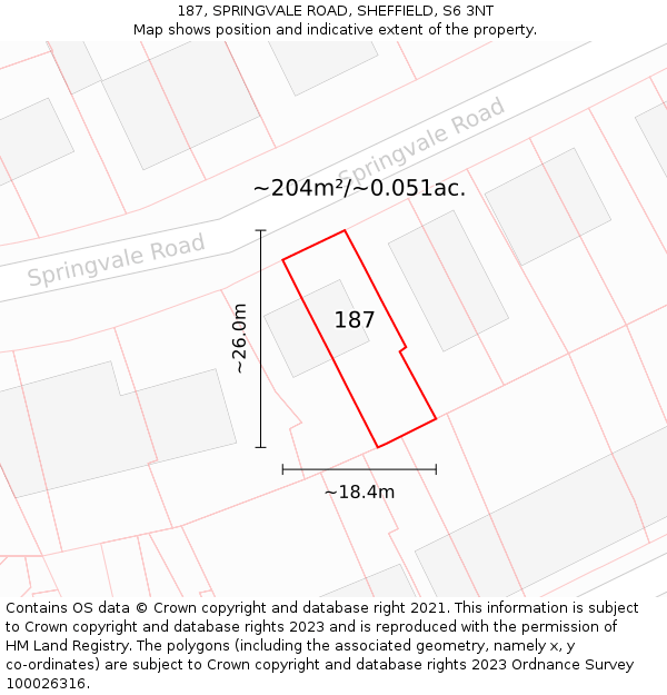 187, SPRINGVALE ROAD, SHEFFIELD, S6 3NT: Plot and title map