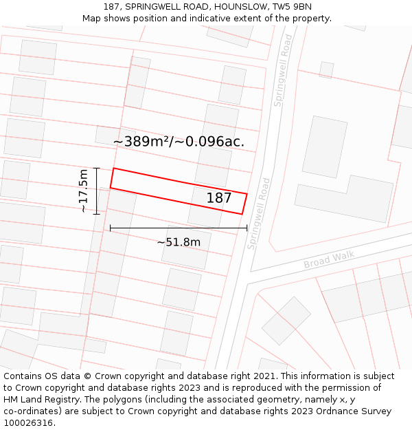 187, SPRINGWELL ROAD, HOUNSLOW, TW5 9BN: Plot and title map