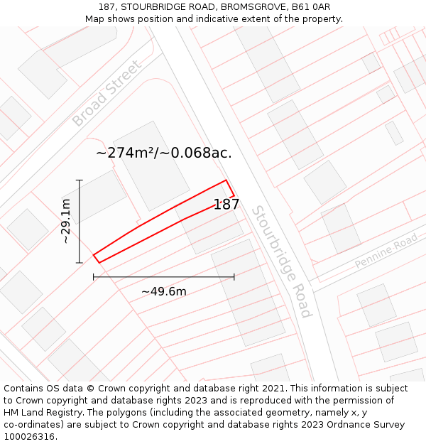 187, STOURBRIDGE ROAD, BROMSGROVE, B61 0AR: Plot and title map