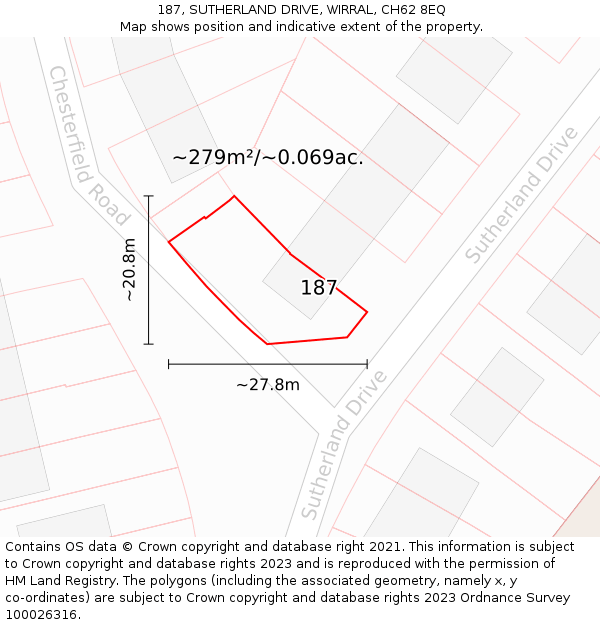 187, SUTHERLAND DRIVE, WIRRAL, CH62 8EQ: Plot and title map