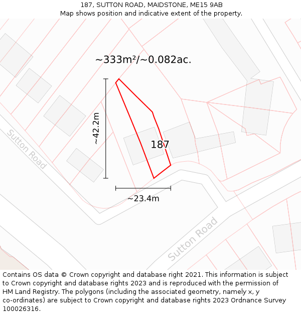 187, SUTTON ROAD, MAIDSTONE, ME15 9AB: Plot and title map