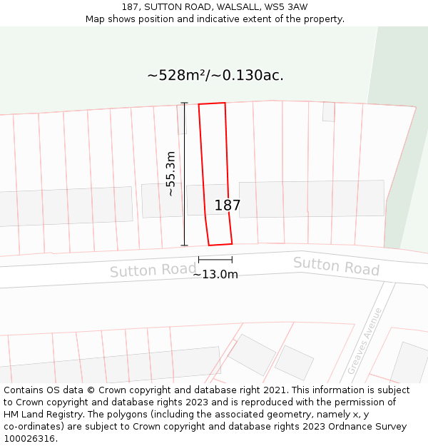 187, SUTTON ROAD, WALSALL, WS5 3AW: Plot and title map