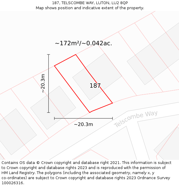 187, TELSCOMBE WAY, LUTON, LU2 8QP: Plot and title map