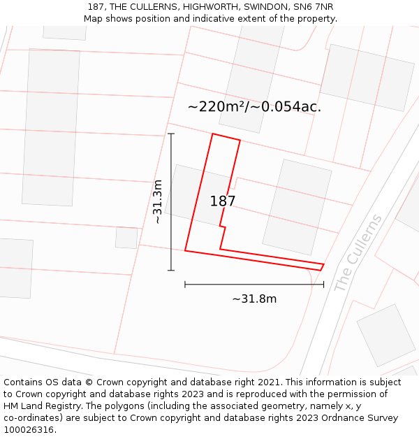 187, THE CULLERNS, HIGHWORTH, SWINDON, SN6 7NR: Plot and title map