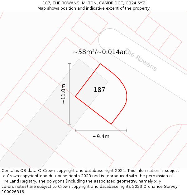 187, THE ROWANS, MILTON, CAMBRIDGE, CB24 6YZ: Plot and title map