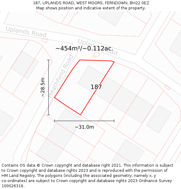187, UPLANDS ROAD, WEST MOORS, FERNDOWN, BH22 0EZ: Plot and title map
