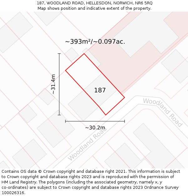 187, WOODLAND ROAD, HELLESDON, NORWICH, NR6 5RQ: Plot and title map