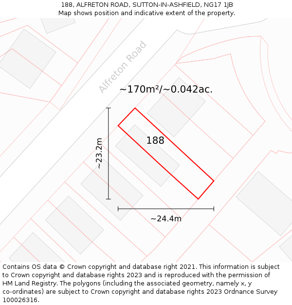 188, ALFRETON ROAD, SUTTON-IN-ASHFIELD, NG17 1JB: Plot and title map