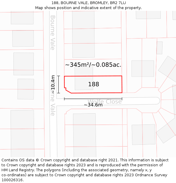 188, BOURNE VALE, BROMLEY, BR2 7LU: Plot and title map
