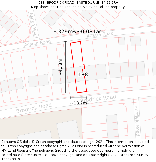 188, BRODRICK ROAD, EASTBOURNE, BN22 9RH: Plot and title map