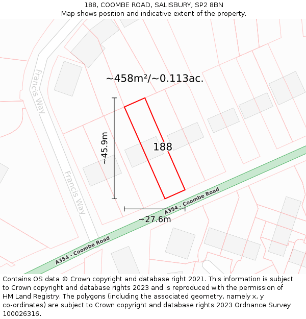 188, COOMBE ROAD, SALISBURY, SP2 8BN: Plot and title map